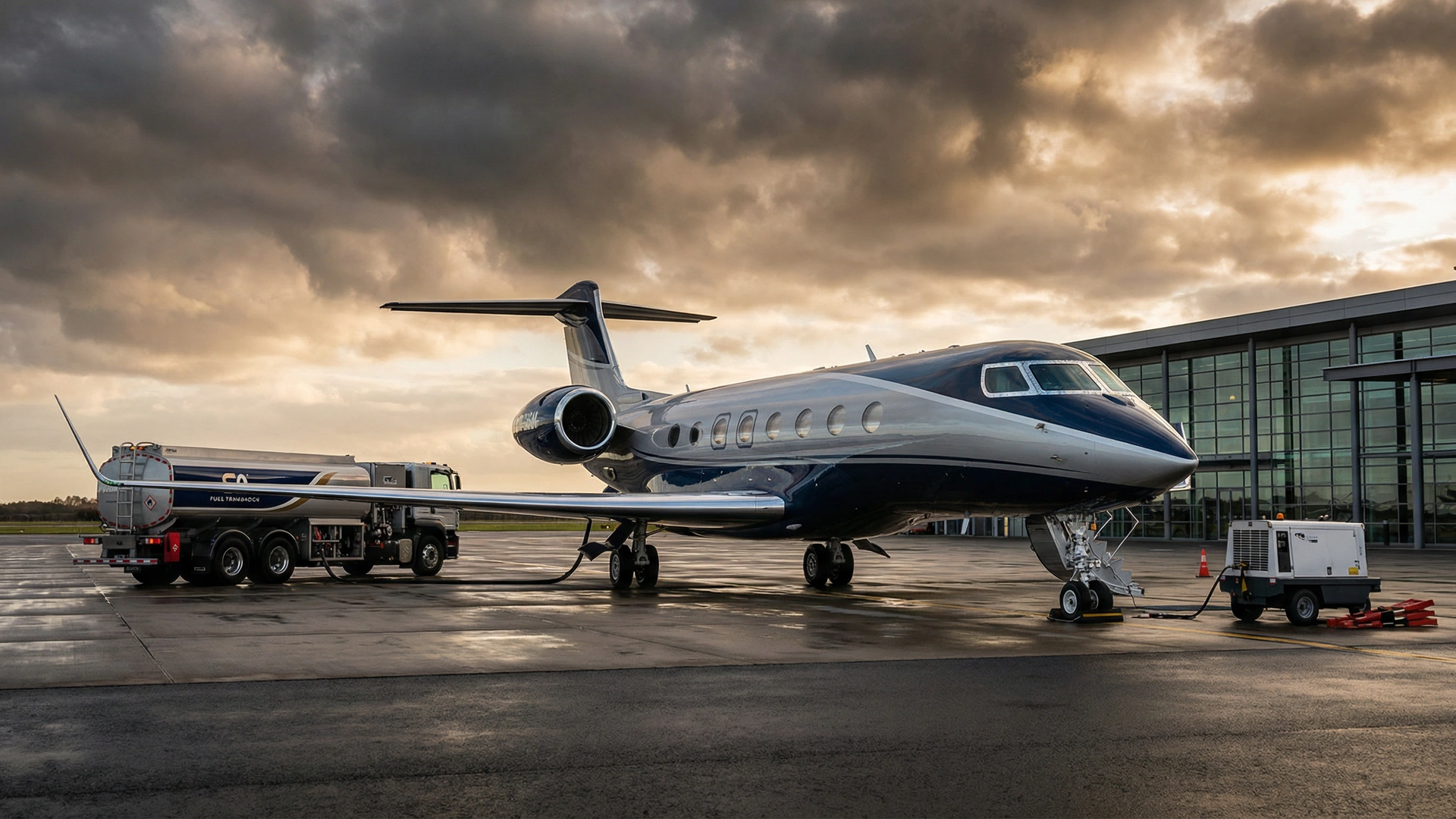 Private jet receiving ground services and fueling at FBO facility