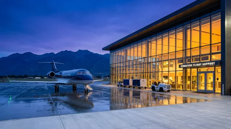 Sleek Bombardier Global 7500 private jet at a modern luxury FBO terminal at twilight