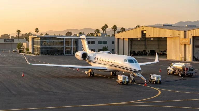 Private jet at FBO facility with maintenance hangar representing charter operations infrastructure