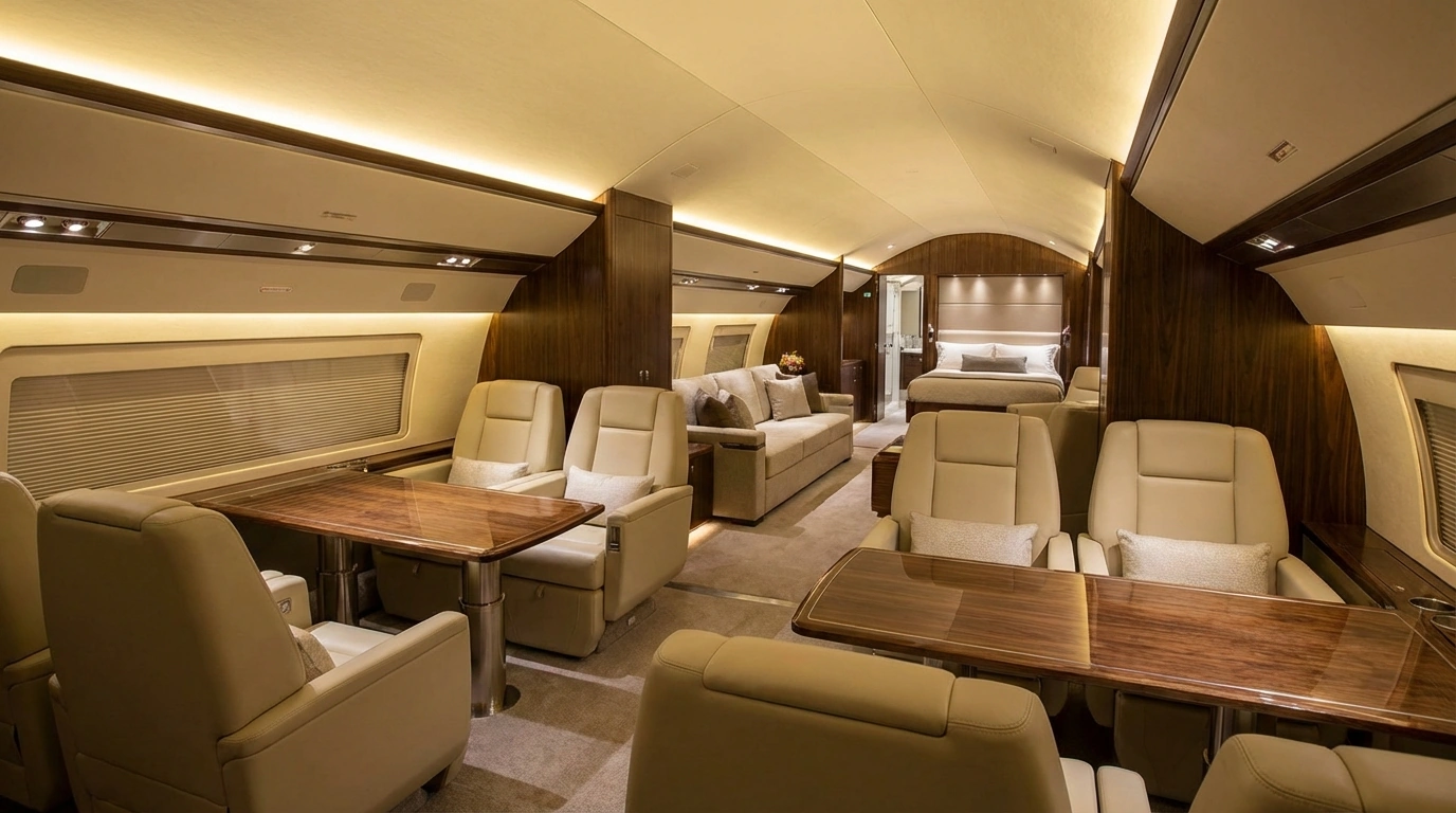 Spacious luxury business jet cabin interior with bedroom suite and living areas