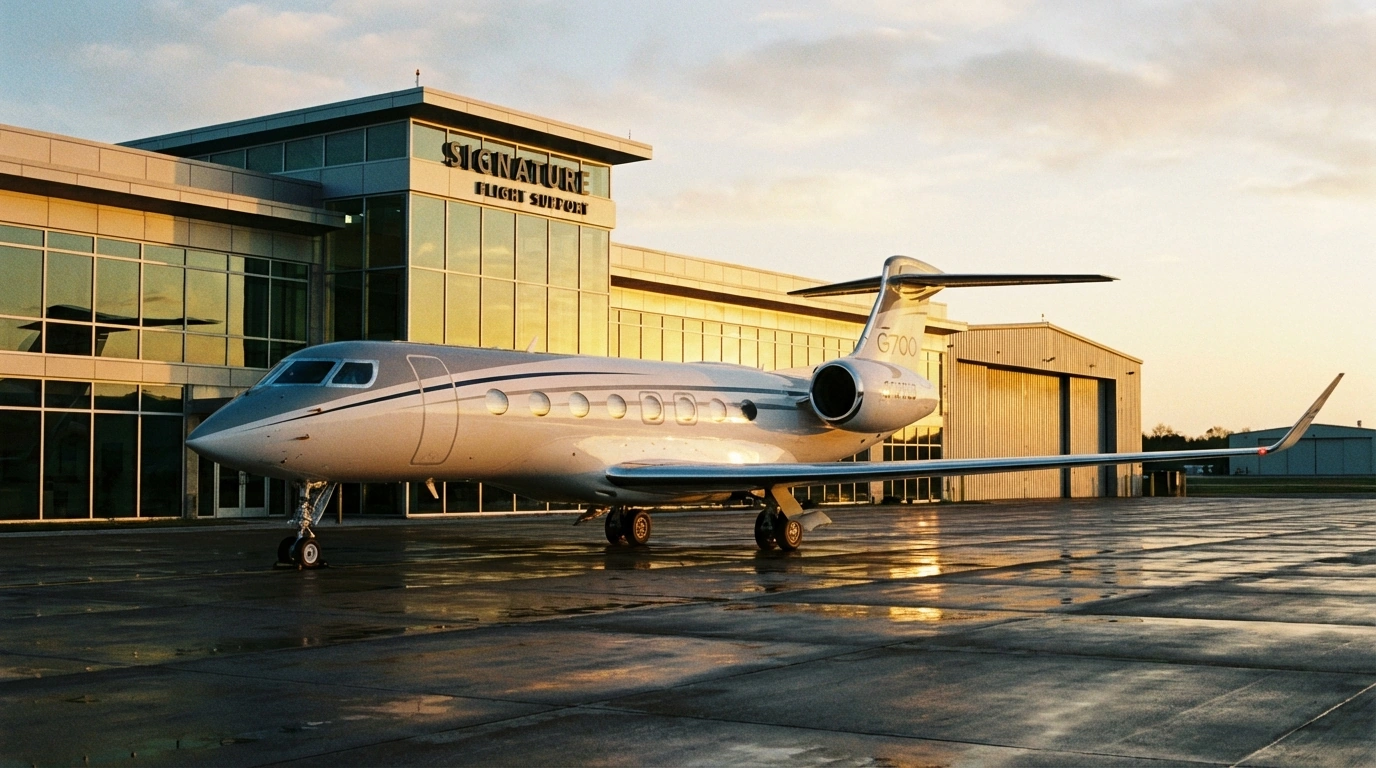 Luxury private jet at premium FBO terminal representing financial stability in private aviation