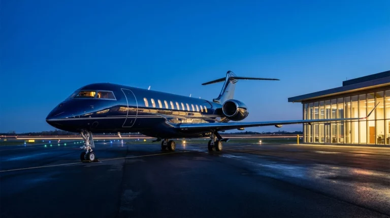 Long-range private jet on a secure airport apron at blue hour