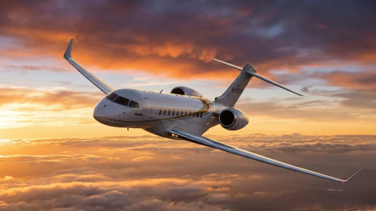 Bombardier Global 8000 business jet flying above clouds at golden hour