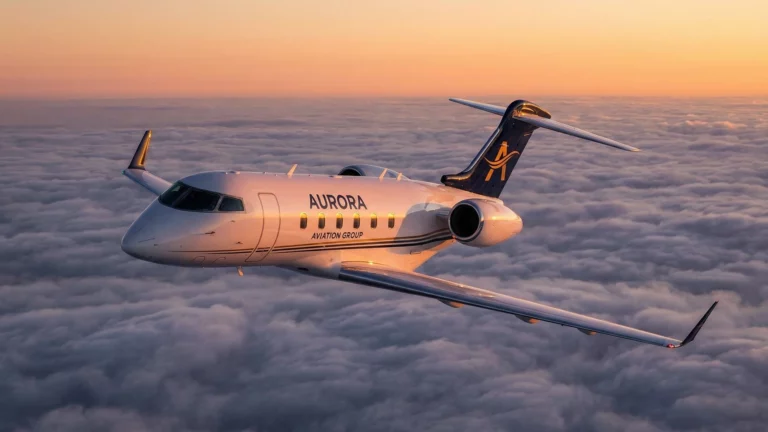 Bombardier Challenger 300 business jet flying above clouds at sunset