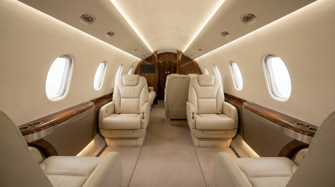 Citation Ascend flat-floor cabin interior with executive seating and ambient lighting