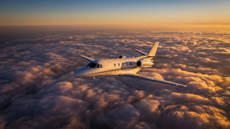 Citation Ascend midsize private jet flying above clouds at sunset