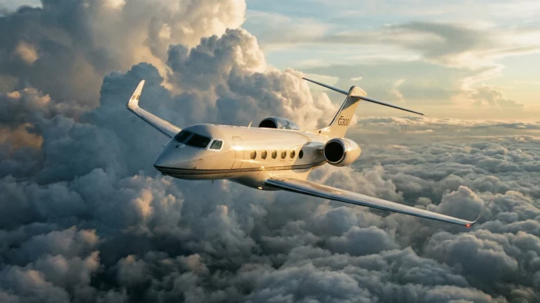 Gulfstream G300 super-midsize private jet flying above clouds at sunset