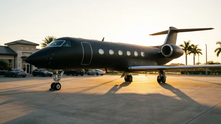Custom matte black Gulfstream G550 private jet on FBO ramp at sunset