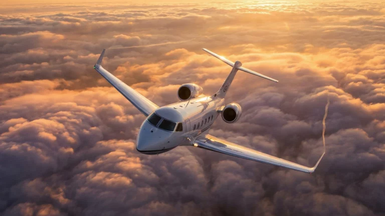 Gulfstream G300 business jet flying above clouds during first flight