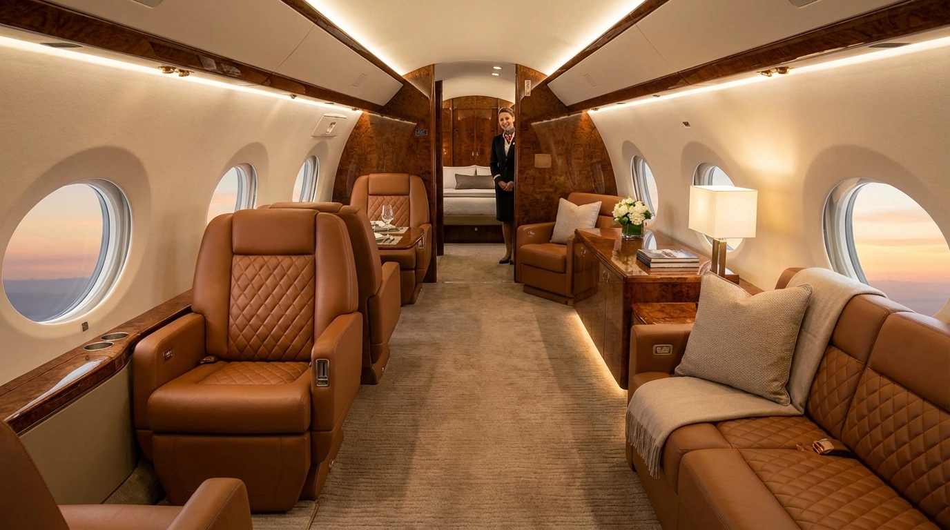 Gulfstream G650ER spacious cabin interior with luxury seating and living zones