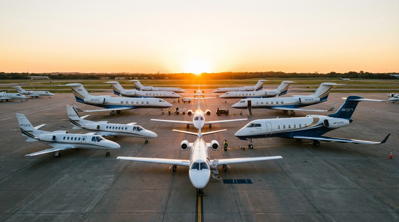 NetJets private jet fleet showcasing multiple aircraft sizes on airport tarmac