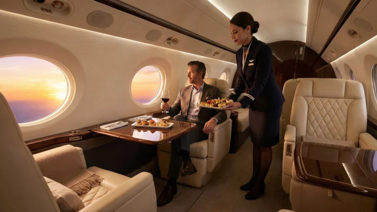 Private jet passenger enjoying luxury cabin service during flight