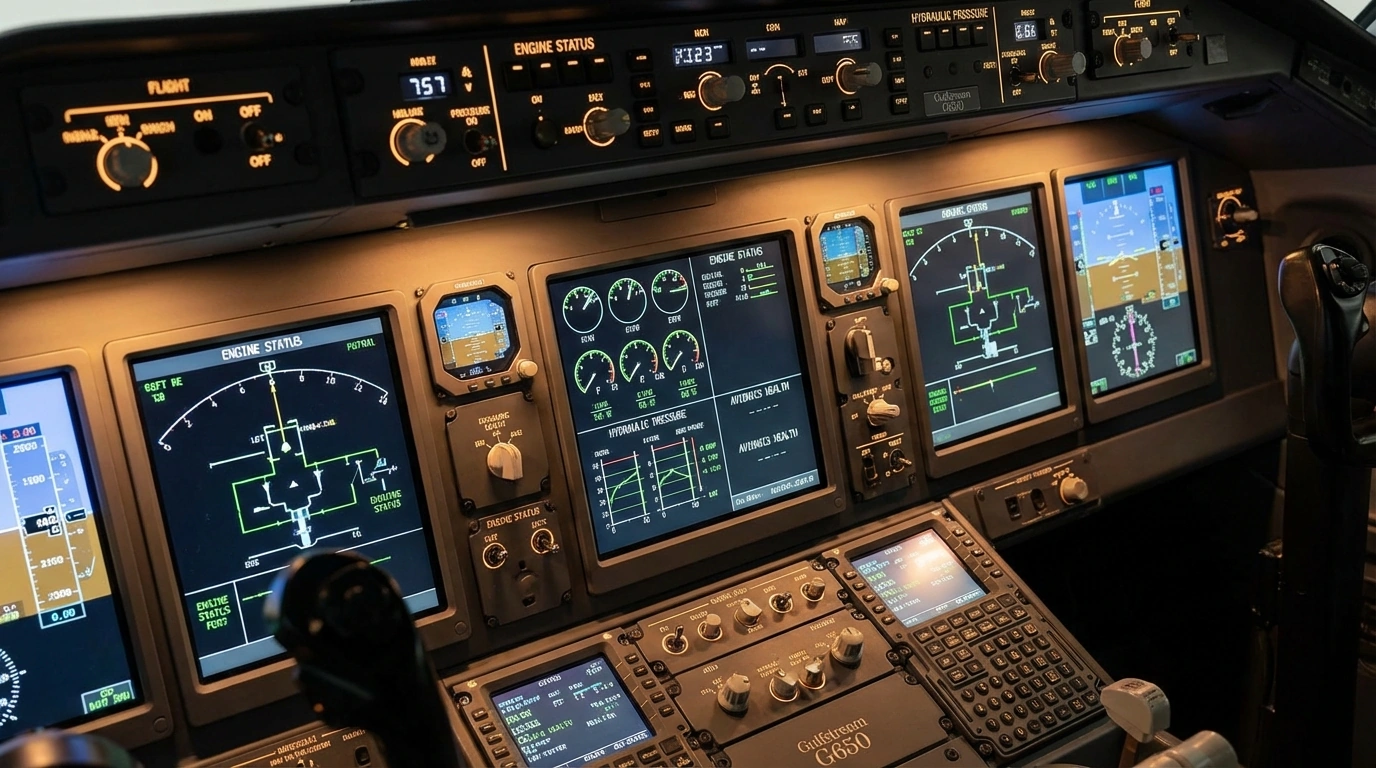Modern aircraft cockpit avionics displaying digital maintenance monitoring and diagnostic systems