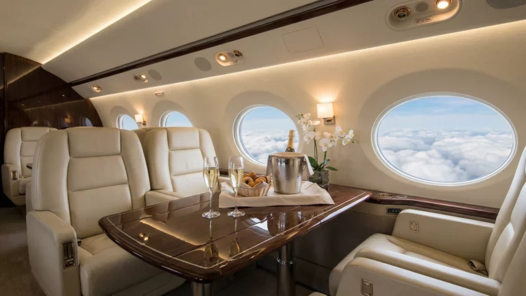 Elegant private jet cabin interior with champagne service and luxury appointments
