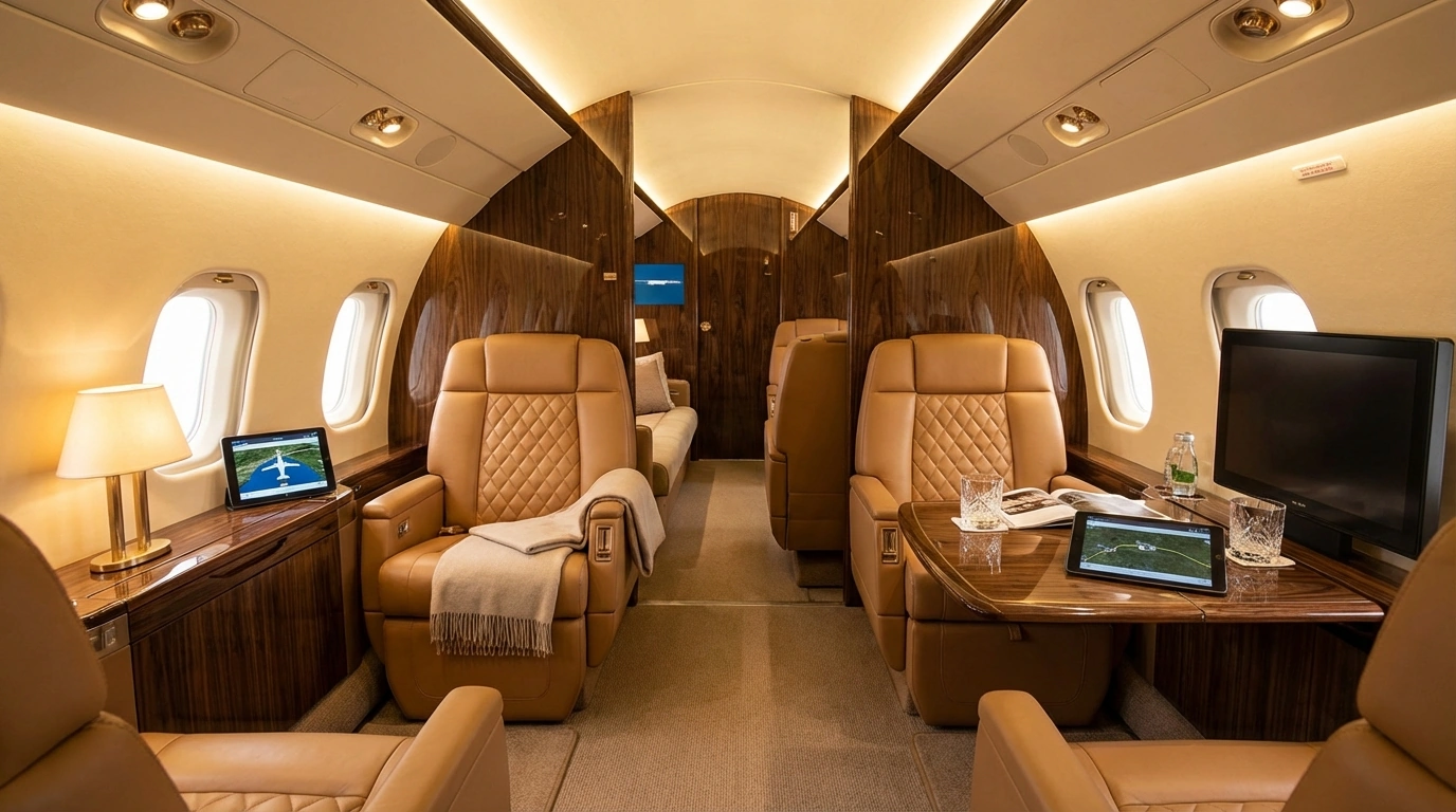 Premium private jet cabin interior with leather seats showing luxury charter experience