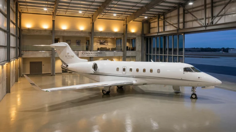Private business jet in executive hangar representing aviation consolidation and premium service
