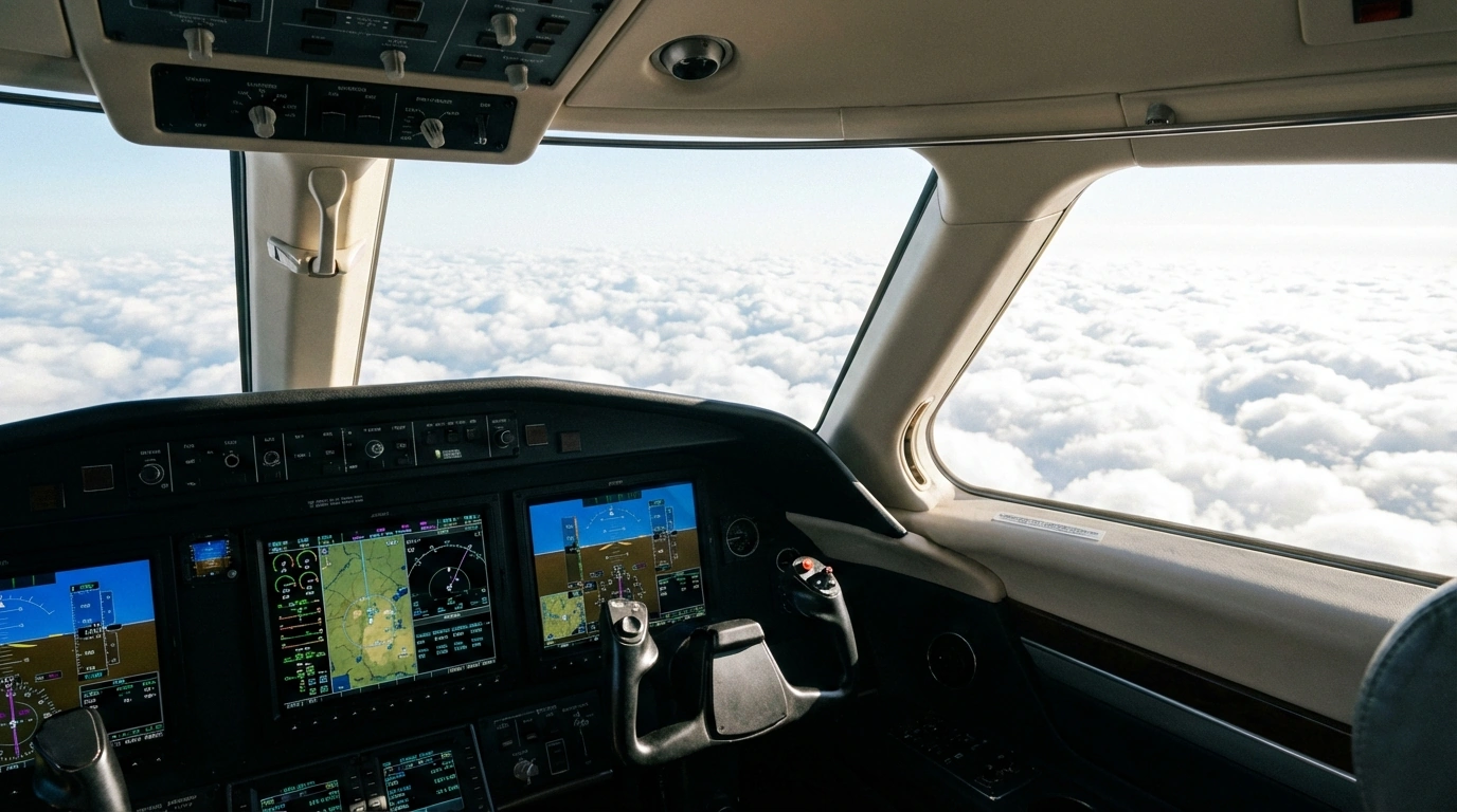 Cockpit view of private jet flying above clouds showing modern avionics during repositioning flight