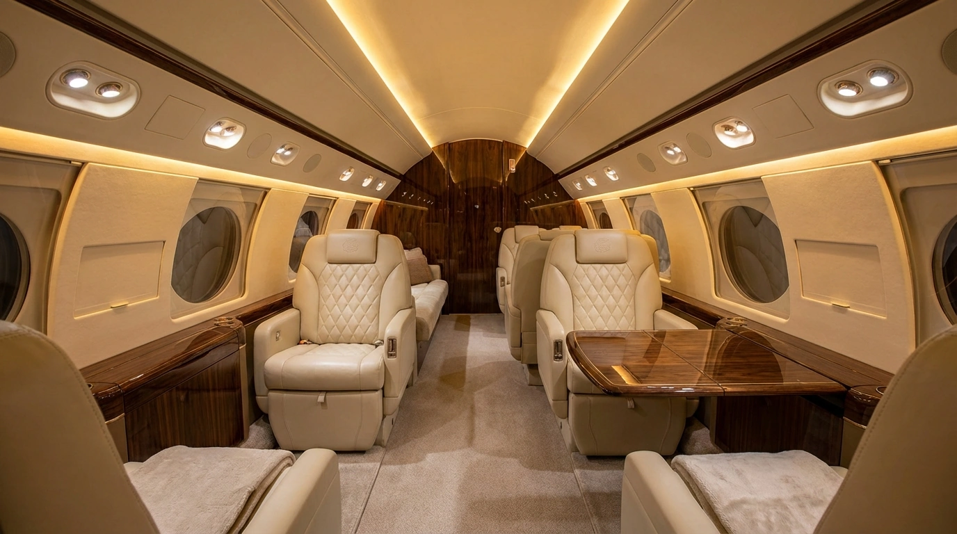 Empty luxury private jet cabin interior with leather seats and wood accents