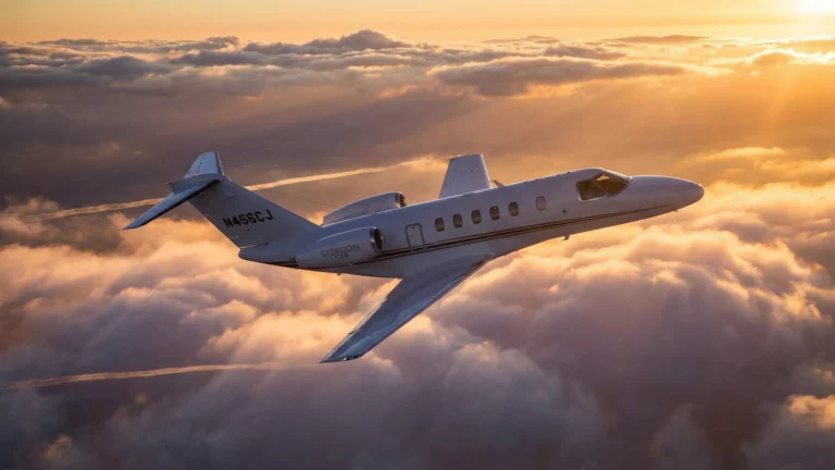 Citation CJ4 Gen2 light jet climbing through clouds at sunset