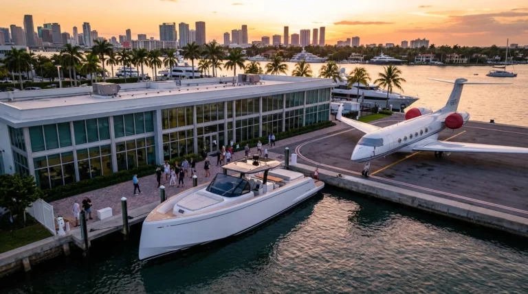 Luxury yacht and private jet at exclusive waterfront FBO terminal representing integrated VIP travel