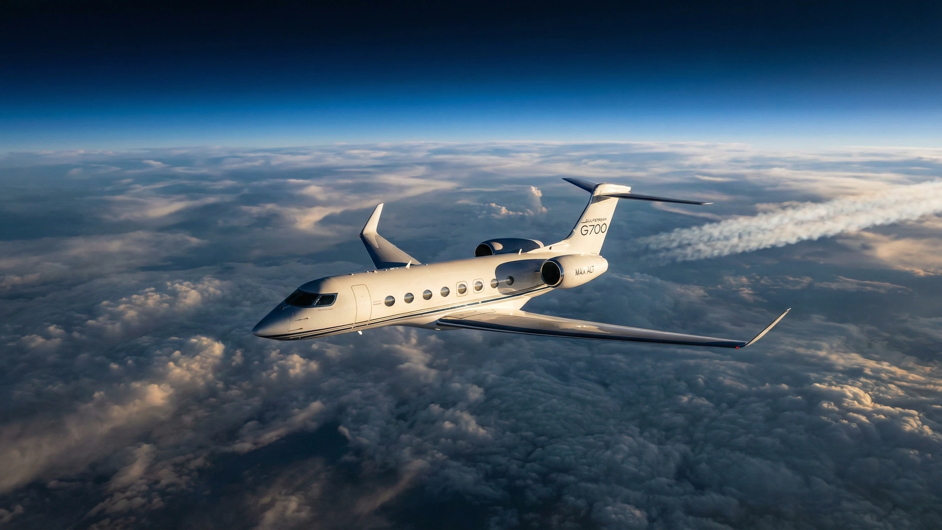 Gulfstream G700 flying at high altitude above clouds demonstrating cabin pressurization capability