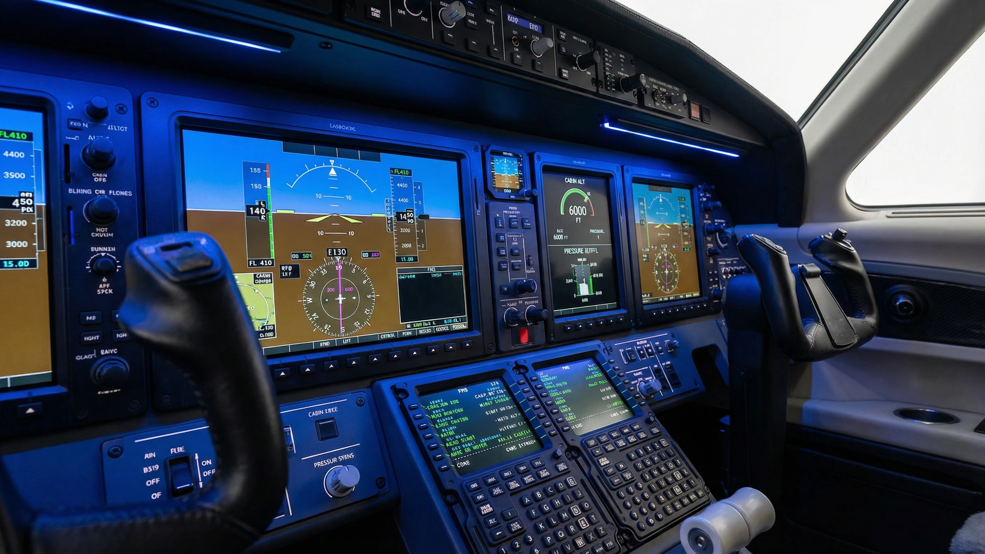 Private jet cockpit avionics showing cabin altitude and pressurization system displays