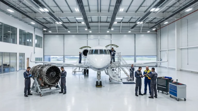 Private jet undergoing professional maintenance inspection in modern hangar facility