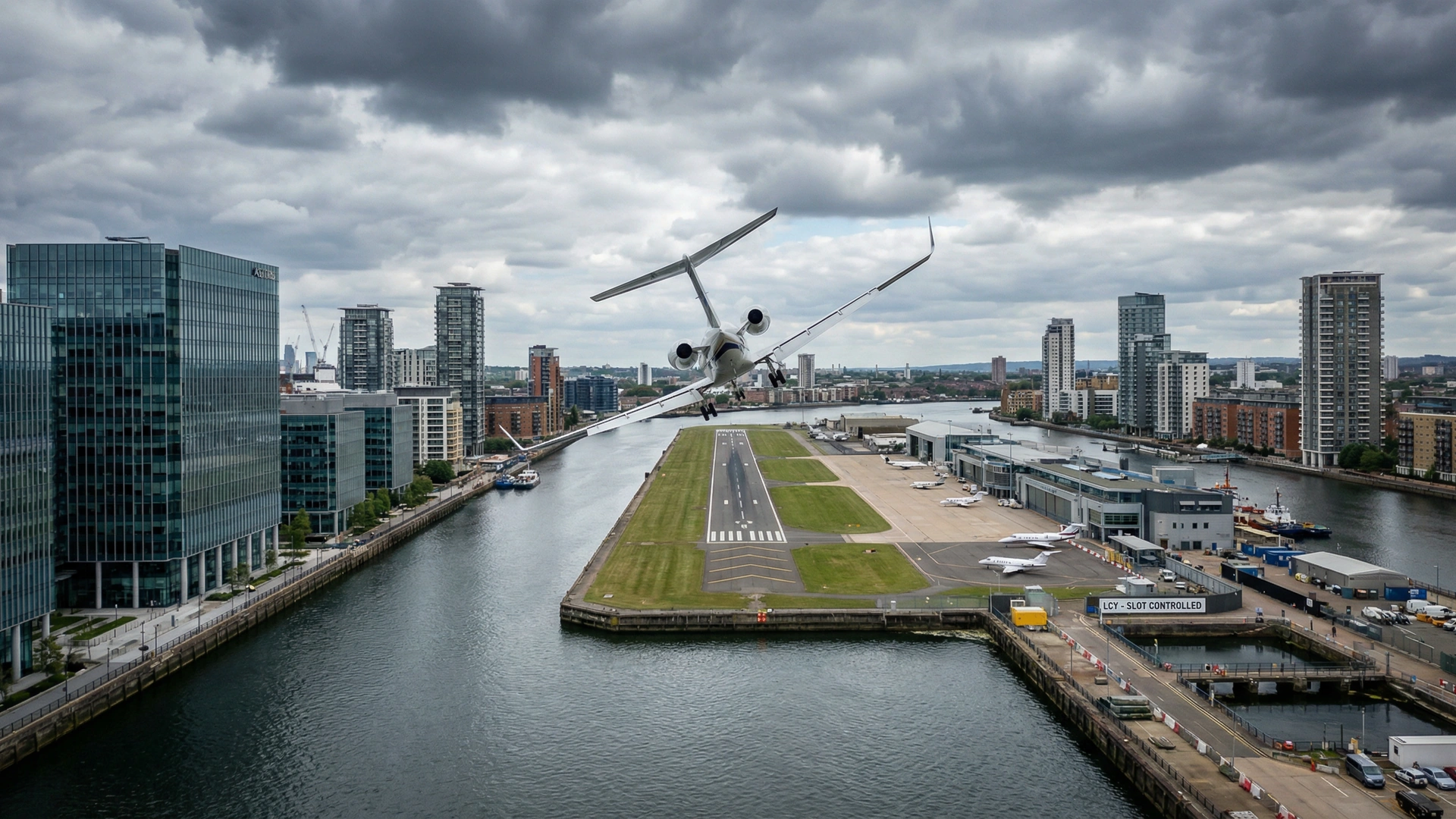 London City Airport showing business jets and urban constraints requiring strict slot coordination