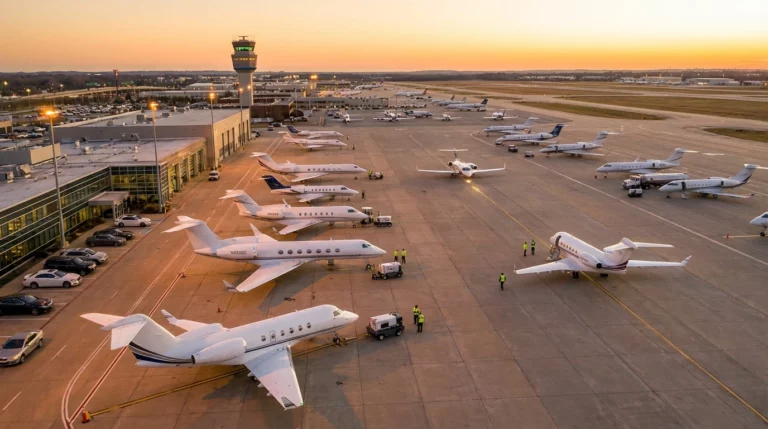 Busy FBO operations showing multiple private jets awaiting departure slots at major airport