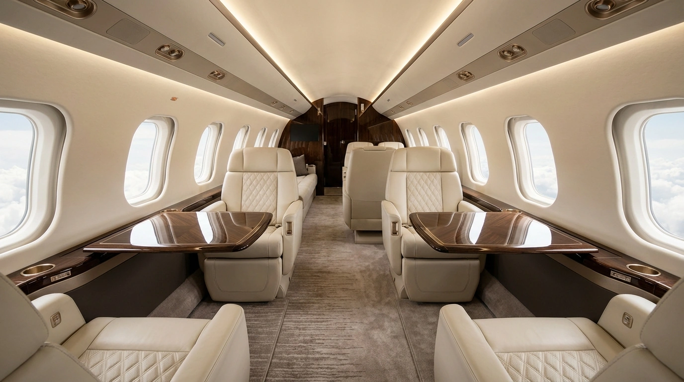 Bombardier Global 8000 luxury cabin interior with executive seating and elegant finishes