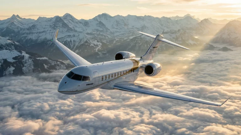 Bombardier Global 8000 business jet flying over European Alps at golden hour