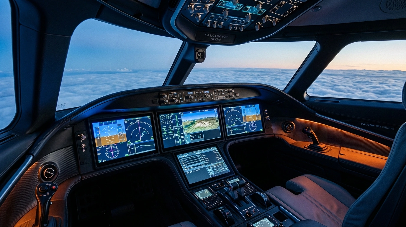 Dassault Falcon 10X NeXus flight deck showing eight touchscreen displays with digital avionics and cockpit view above clouds