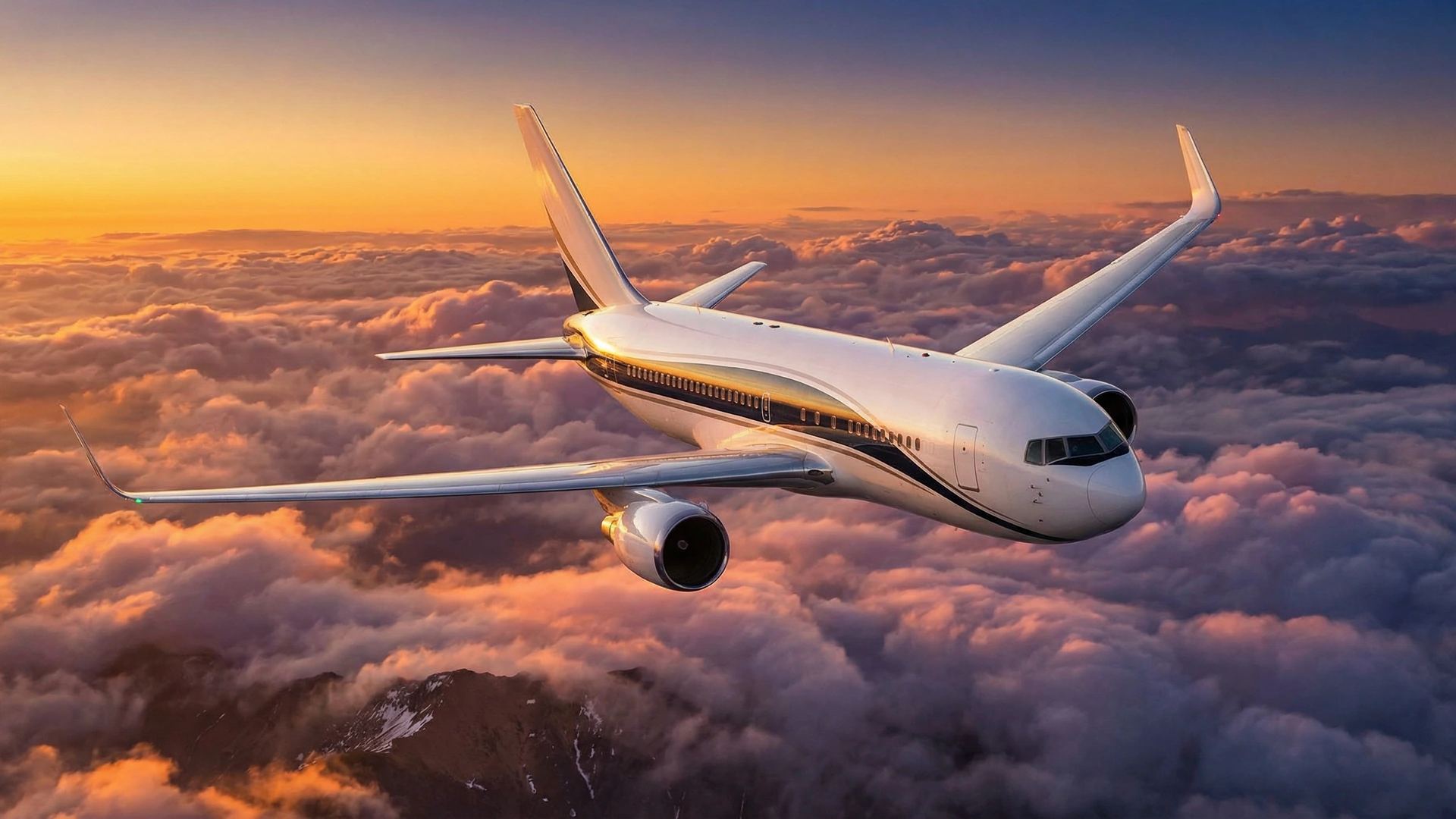 Boeing 767 wide-body private jet flying above clouds showing scale of VBJ conversion