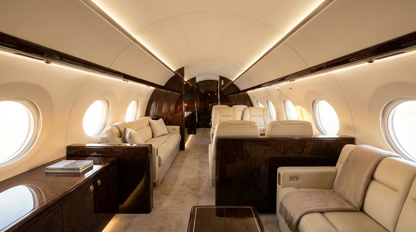 Gulfstream G700 luxury cabin interior with multiple seating areas and large windows