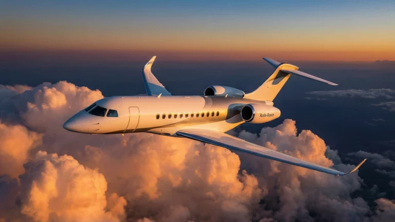 Dassault Falcon 10X business jet flying above clouds at sunset with Pearl engines