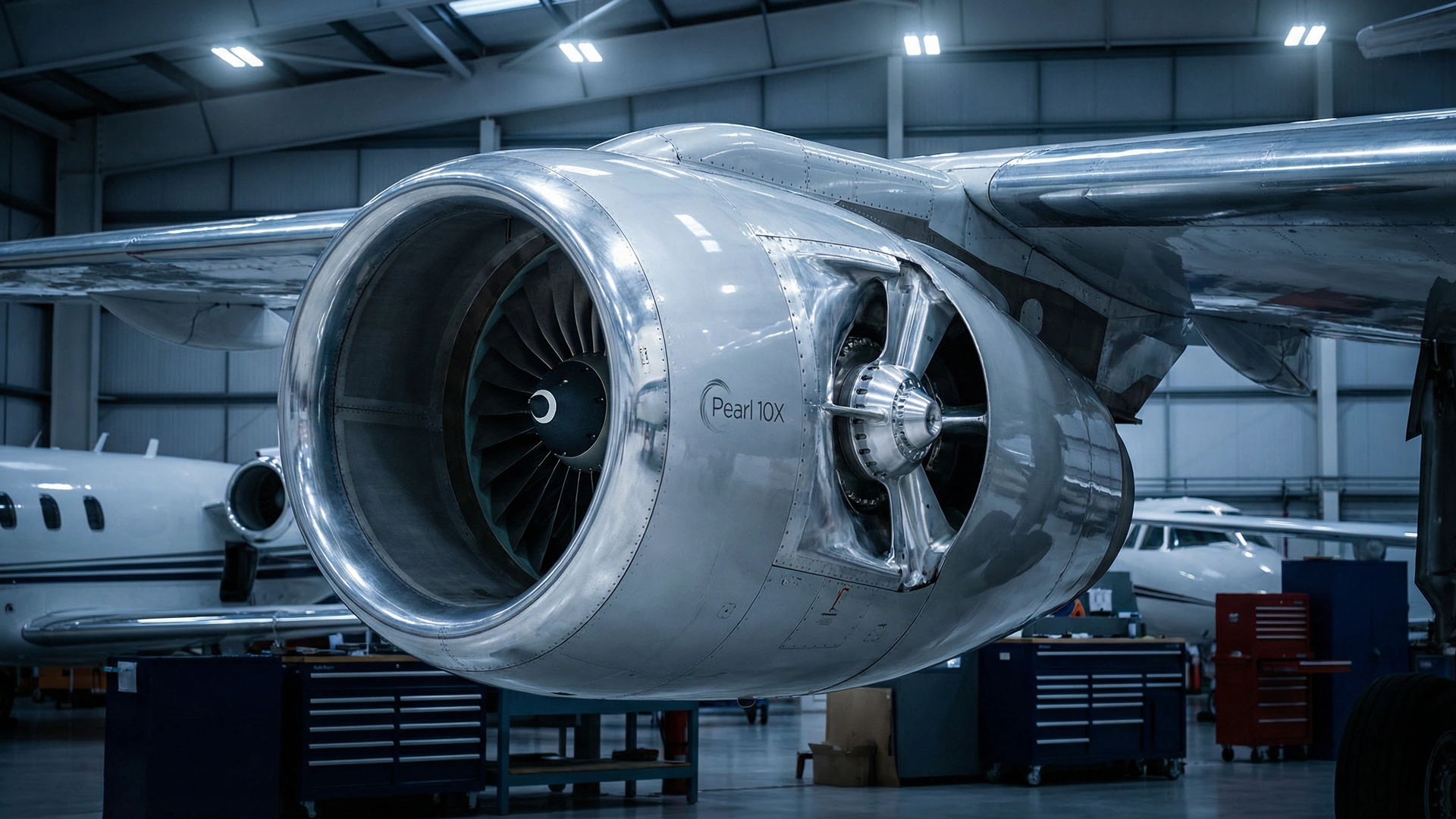 Rolls-Royce Pearl 10X turbofan engine close-up showing advanced design and engineering
