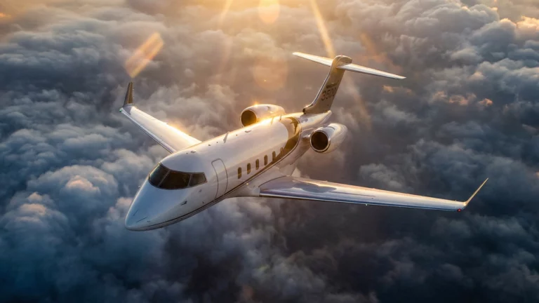 Bombardier Challenger 3500 business jet flying above clouds at sunset