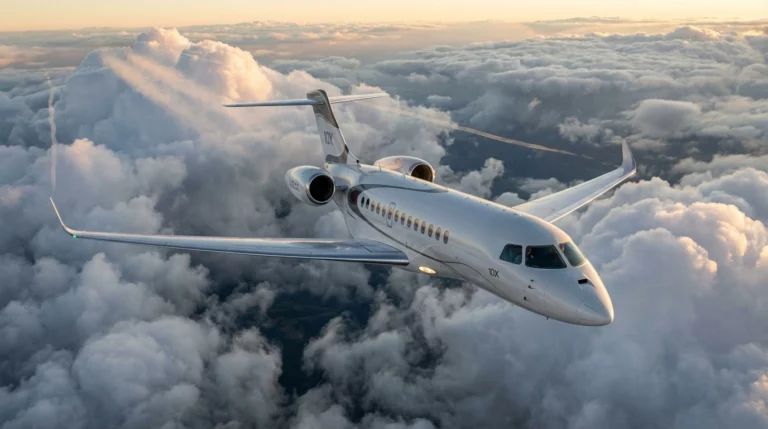 Dassault Falcon 10X private jet flying above clouds at golden hour, showcasing its wide fuselage and ultra-long-range design