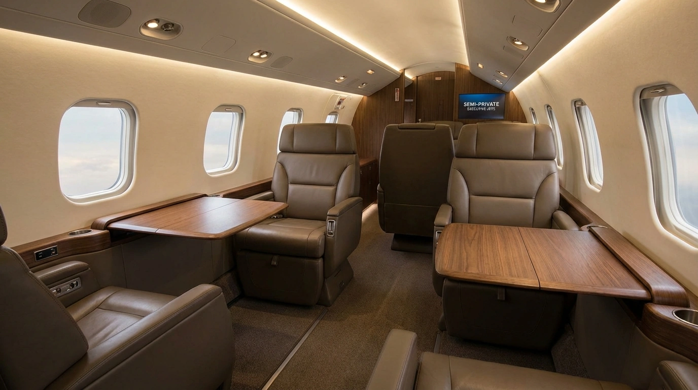 Semi-private jet cabin interior with leather seats and business class configuration