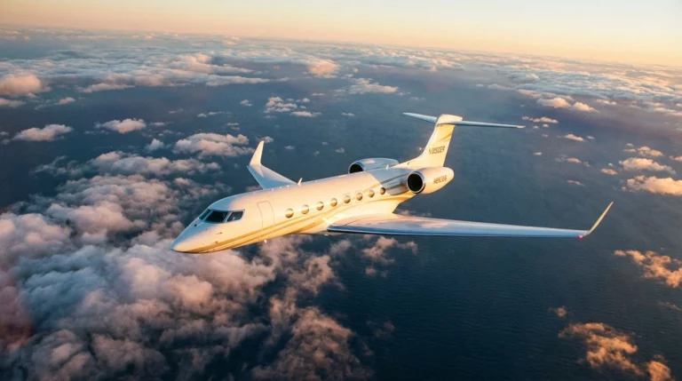 Gulfstream G650ER private jet flying above clouds at golden hour, the same model as Kim Kardashian's Kim Air