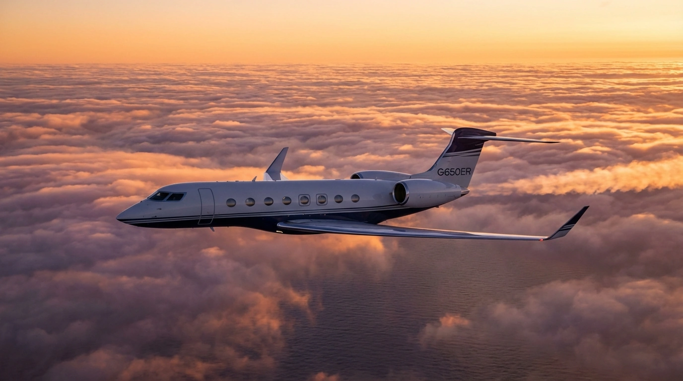 Gulfstream G650ER business jet on long-range transatlantic flight above clouds