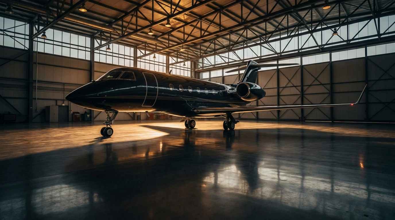Private jet inside a luxury FBO hangar with dramatic lighting, representing aircraft positioning logistics