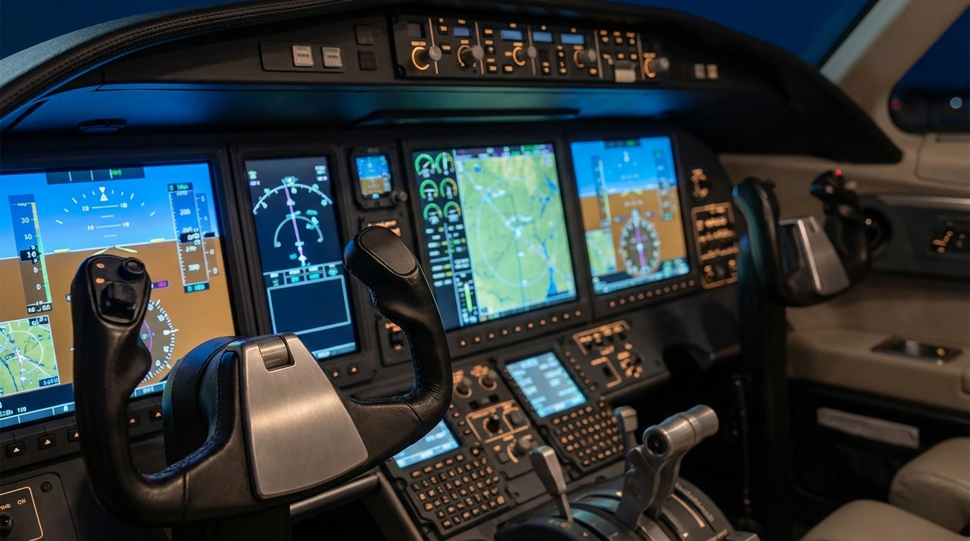 Private jet cockpit avionics displays showing flight planning systems used to manage crew duty time and routing