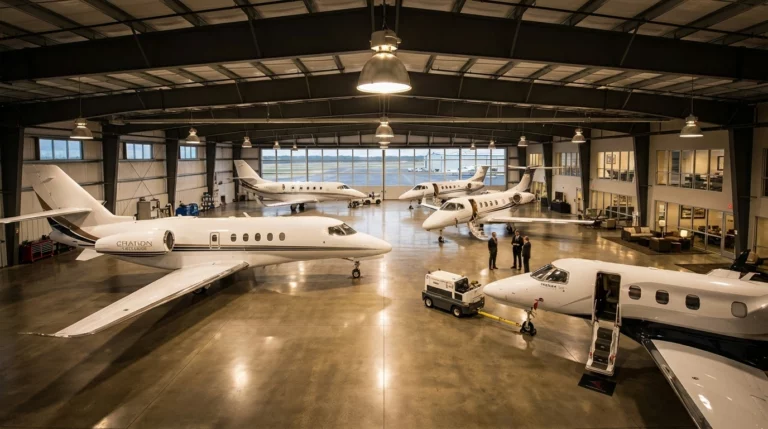 New private jets lined up in a luxury FBO hangar representing record 2025 business aviation deliveries