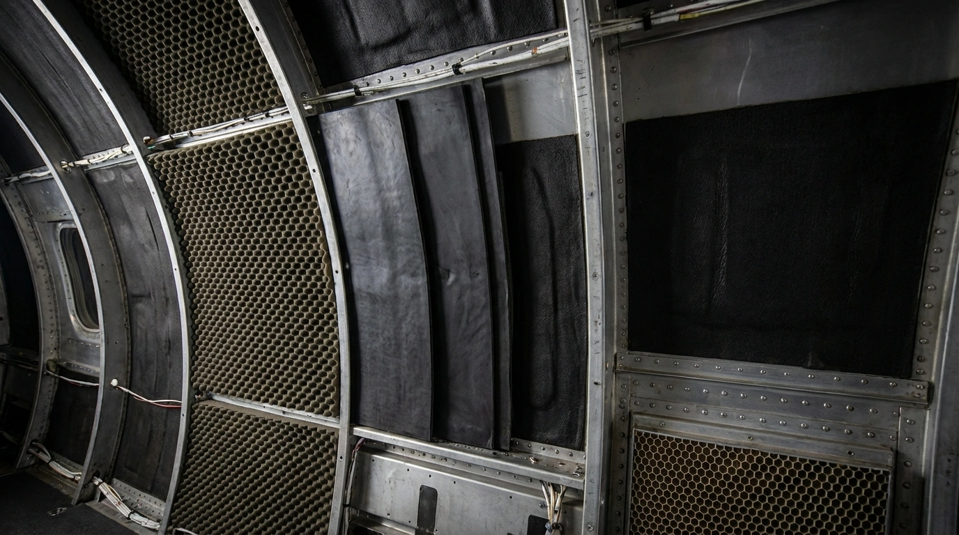 Close-up of private jet fuselage acoustic insulation layers showing mass-loaded vinyl, foam, and damping materials