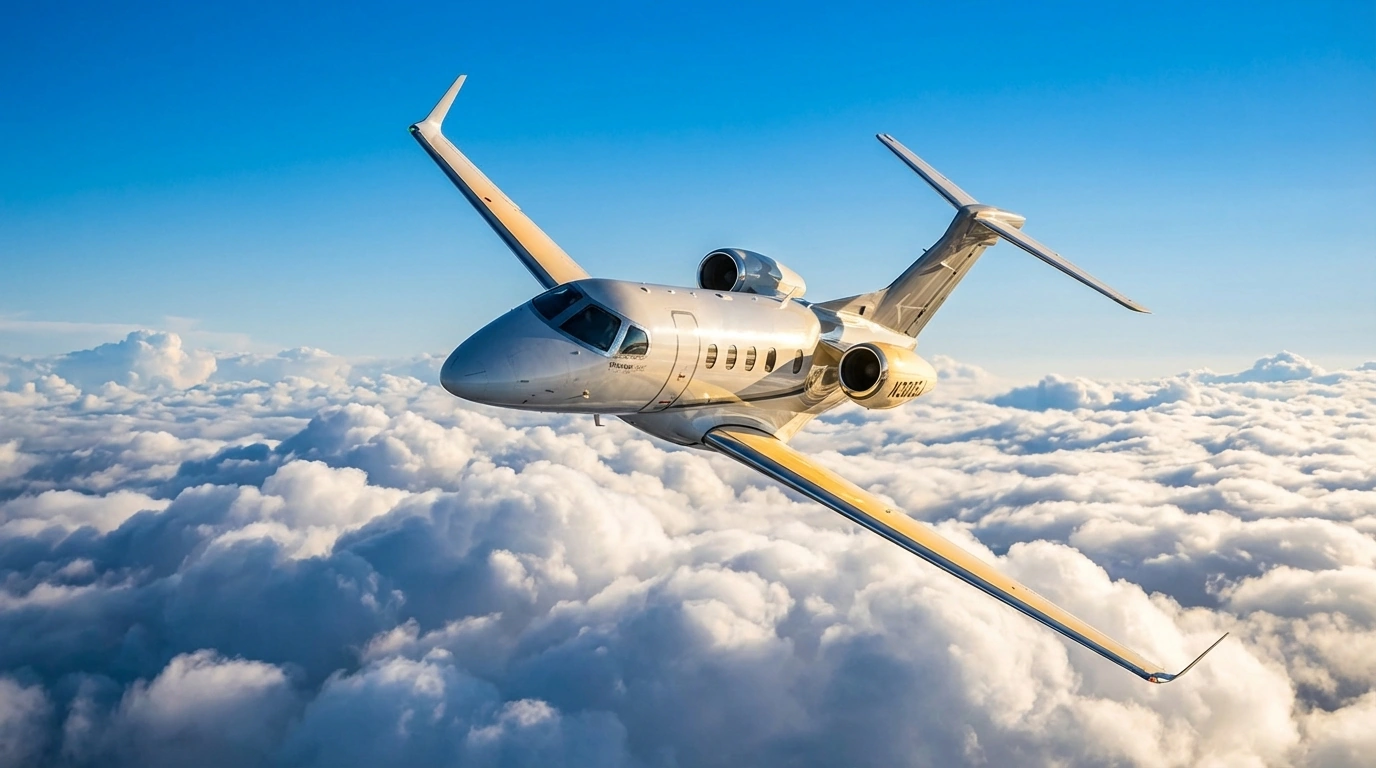 Embraer Phenom 300E private jet flying above clouds in golden afternoon light