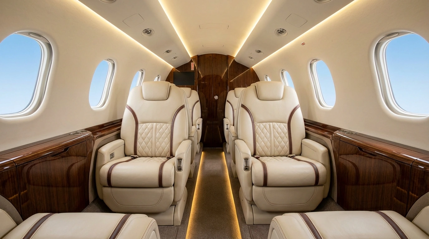 Modern private jet cabin interior with leather seating and wood trim representing new aircraft fleet quality