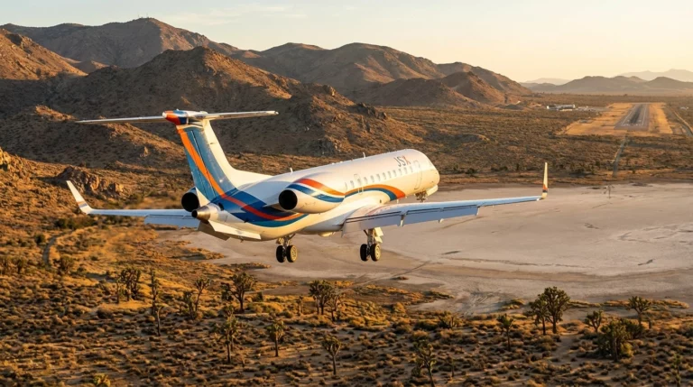 JSX Embraer regional jet approaching landing over desert landscape at sunset