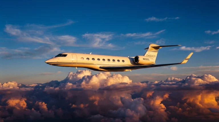 Gulfstream G650ER private jet flying above clouds at golden hour