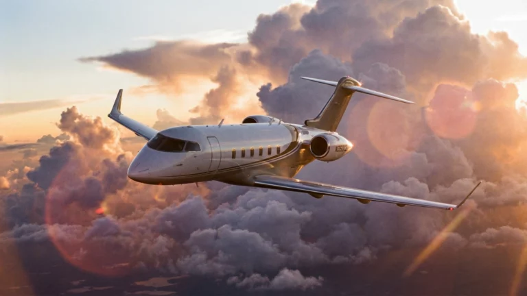 Bombardier Challenger 3500 business jet flying above clouds at sunset